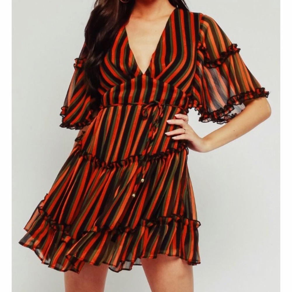 ORANGE STRIPED RUFFLE DRESS,TIED OPEN BACK